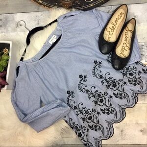 Anthropologie blue white pinstripe with black embroidery blouse size XS